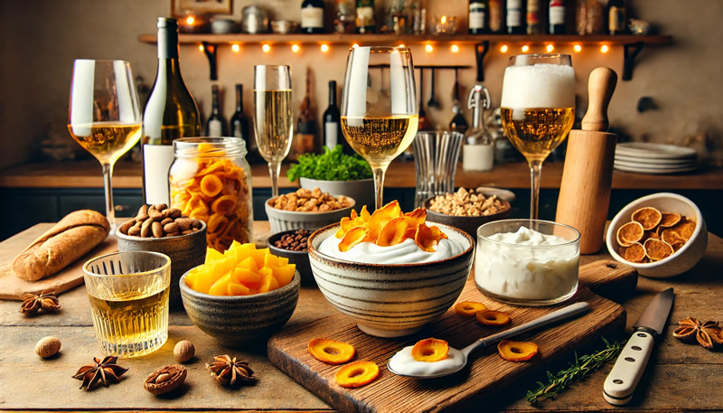 お酒とドライマンゴーの画像