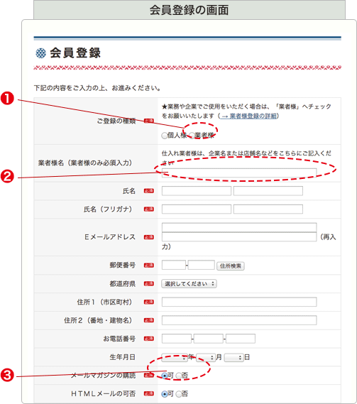 会員登録の画面