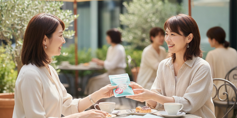カフェで友達に小分け袋を手渡す女性