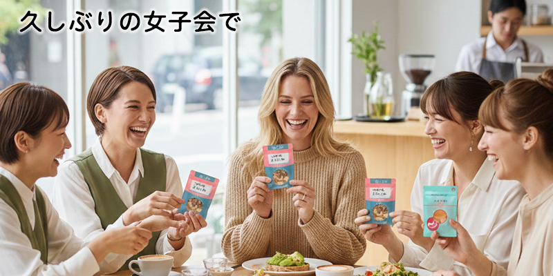 久しぶりのカフェでの女子会で、女性4人が小分け袋をもらって喜んでいるところ。