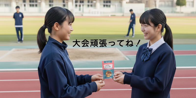 大会頑張ってね！と、運動場で小分け袋を渡すシーン。