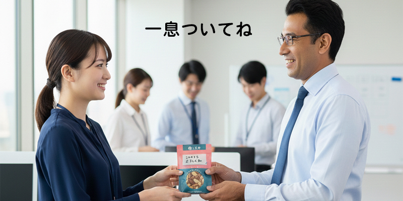 一息ついてね、と、外資系の会社で上司から部下へナッツの詰まった小分け袋を渡す一コマ。