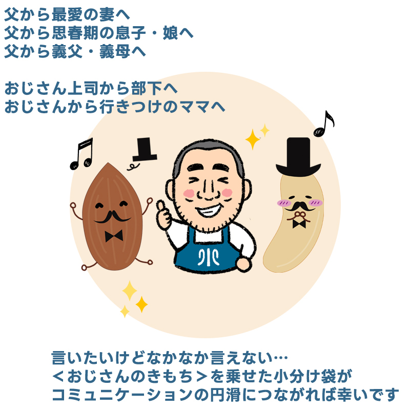 父から最愛の妻へ、父から思春期の子供へ。おじさん上司から部下へ。言いたいけどなかなか言えない…＜おじさんのきもち＞を乗せた小分け袋がコミュニケーションの円滑につながれば幸いです。