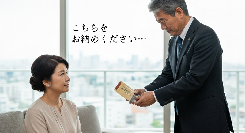 奥様に小分け袋を差し出すナイスミドル男性