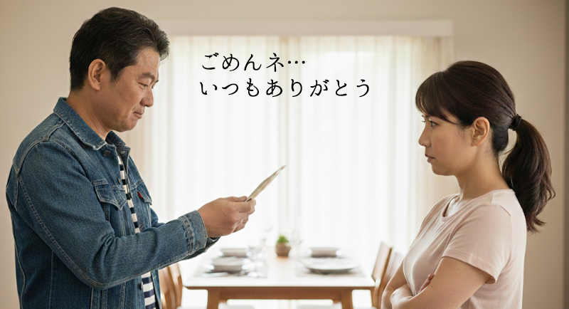 ごめんね、いつもありがとう。と言いながら、リビングで奥さんに小島屋小分け袋を手渡す男性